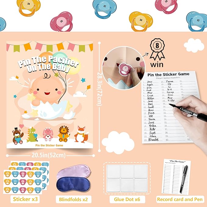 Baby Shower Games Party Favors, Pin The Pacifier on The Baby Games, BabyShower Favors Birthday Party Supplies for Girl Boy - 48 Guests