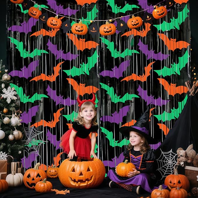 2 Packs Bat Foil Fringe Curtains - Purple Orange Green Halloween Door Streamers for Photo Backdrop, 3.3 x 6.6 ft Tinsel Curtains for Beetlejuice, Monster or Neon Glow Party Decorations
