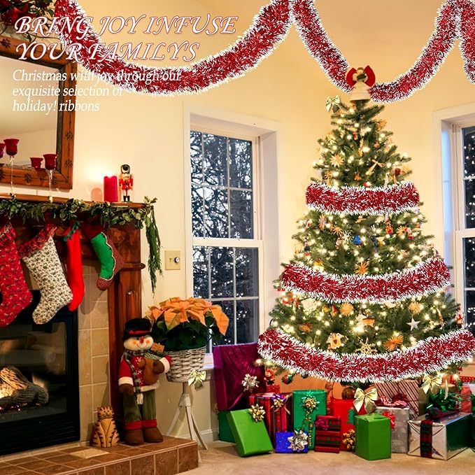 100Ft Christmas Garland - Xmas Tree Decorations, Christmas Tinsel Decorations for Indoor&Outdoor Home Decor, Christmas Metallic Twist Garland Ceiling Hanging Decorations for New Year(Red)