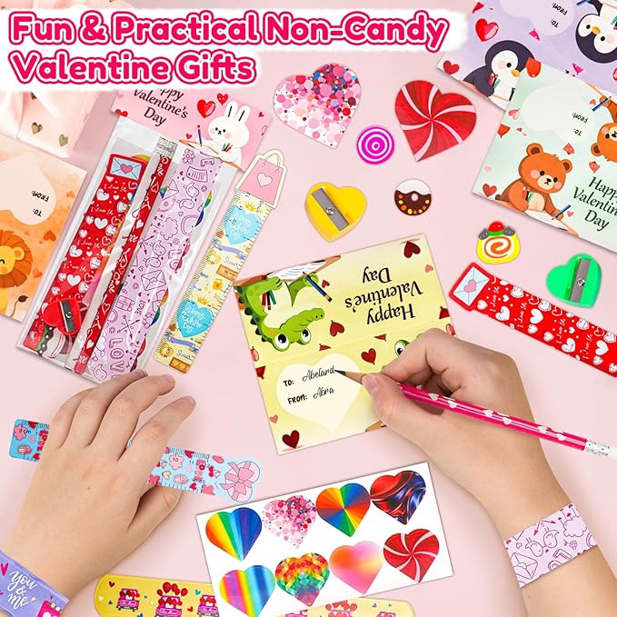 Valentines Day Gifts for Kids - 28 Pack Valentines Stationery Set with Cards, Pencils, Stickers, Erasers, Rulers and Sharpener for Girls Boys Class Exchange, Classroom Prizes and School Party Favors