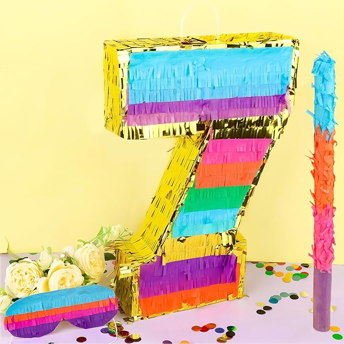 Rainbow Number 7 Pinata Birthday Decorations for Kids, Rainbow Pinata with Bat Stick Blindfold for Boys Girls 7th Birthday Celebrations Baby Shower Party Supplies (16.1x10.6x2.9 Inches)