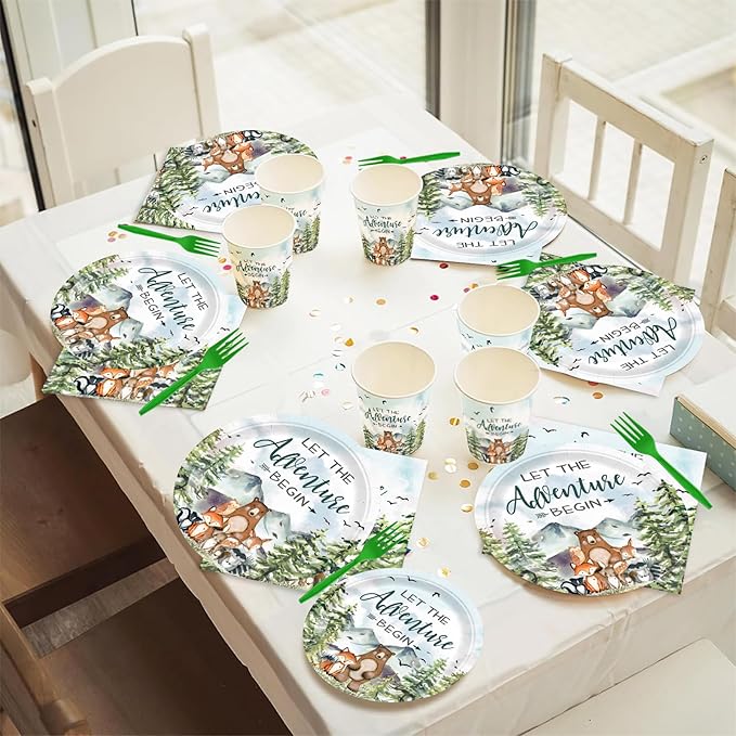 120pcs Let The Adventure Begin Party Supplies Baby Shower Plates Napkins Tableware Set Disposable Cups Green Forks Adventure Party Supplies for 24 Guests