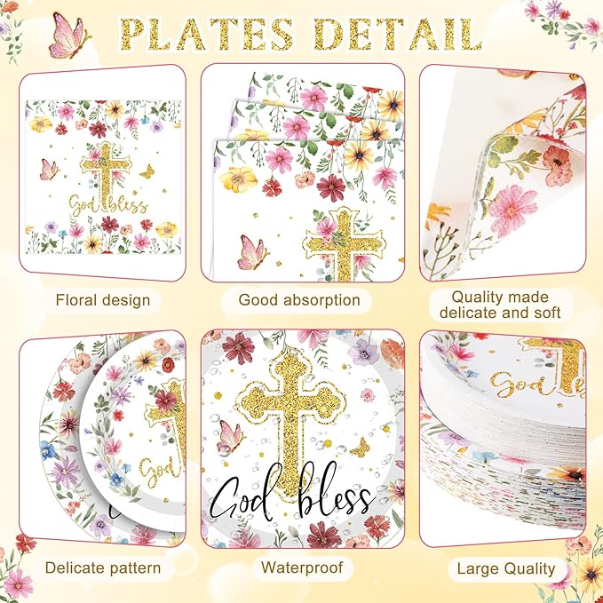 400 Pcs God Bless Flower Baptism Party Decoration Girl for 50, Confirmation Baptism Paper Plates Napkins Cups Cutlery First Holy Communion Tableware for Christening Baby Shower Party Supply