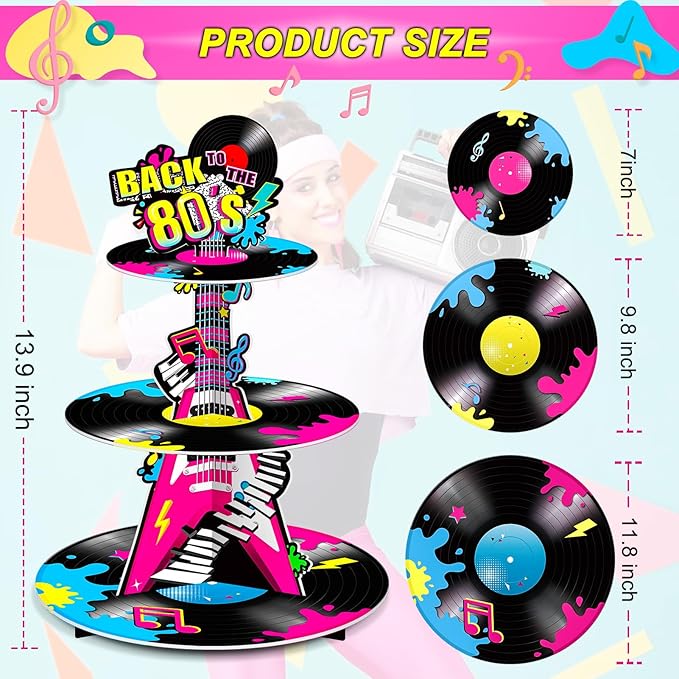 Ben Louis 3 Tier 80s Cupcake Stand Party Decorations Back to The 80's Theme Holder Retro 1980s Hip Hop Dessert Tower Birthday Cake for Neon Rock Hippie Supplies