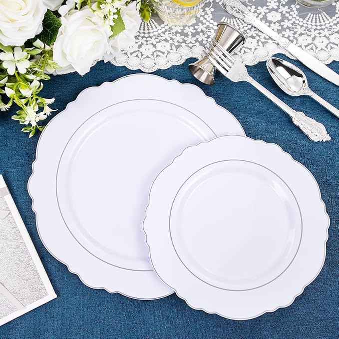 Liacere 350PCS Silver Plastic Plates-Disposable White and Silver Plates 50guest Baroque Plastic Dinnerware Set include 100Plates, 50Pack Pre Rolled Napkins with Silverware 50Cups Perfect for Christmas