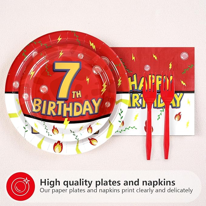 Grencian 96Pcs Happy 7th Birthday Party Supplies Cartoon Anime Themed Paper Plates and Napkins Tableware Sets Red and White Decoration for 7 Year Old Birthday Kids Children Party Serves 24