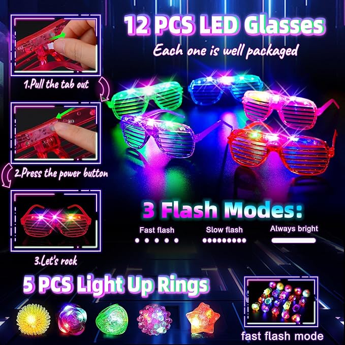 Glow in the Dark Supplies for Kids Adults, Light Up Party Favors, 56 LED Light Up Toys, 100 Glow Sticks Bulk Party Pack DIY Glasses Headbands Necklaces for Neon Party Supplies & Decorations