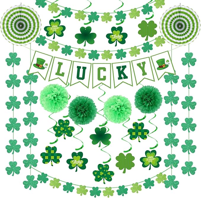 St-Patricks Day Party-Decoration Green-Shamrock Garland - 25pcs Saint St. Patrick's Tissue Paper Pom Poms Fan Streamers Swirl,Irish Lucky Banner, Baby Shower Birthday Hanging Decor Lasting Surprise