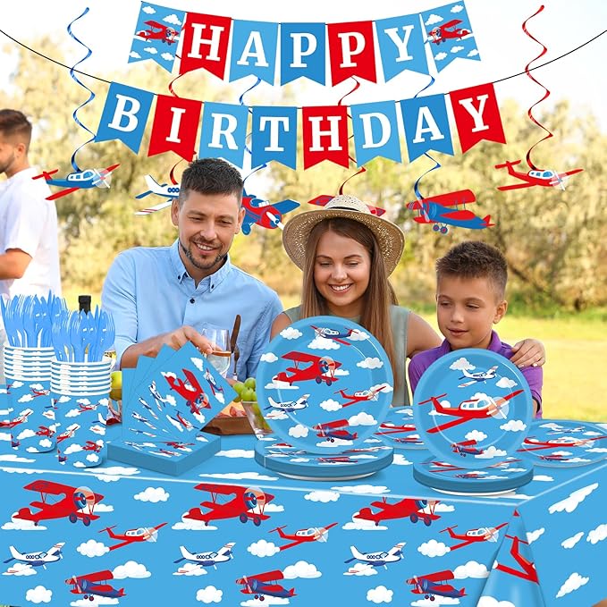 184pcs Airplane Birthday Party Supplies Set Includes Airplane Plates Napkins Tablecloth Swirl Banner Tableware Kit Dispose Airplane Birthday Table Decorations Favors, Serve 25