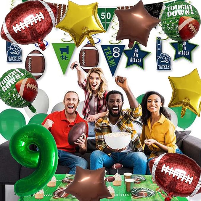 Football Balloons Foil Football Birthday Decorations Balloons Green Number 9 Balloon Gold Brown Star Touchdown Ballons for Rugby Birthday Decorations Sports Ballons Arch Kits Party Balloon Sets 9pcs