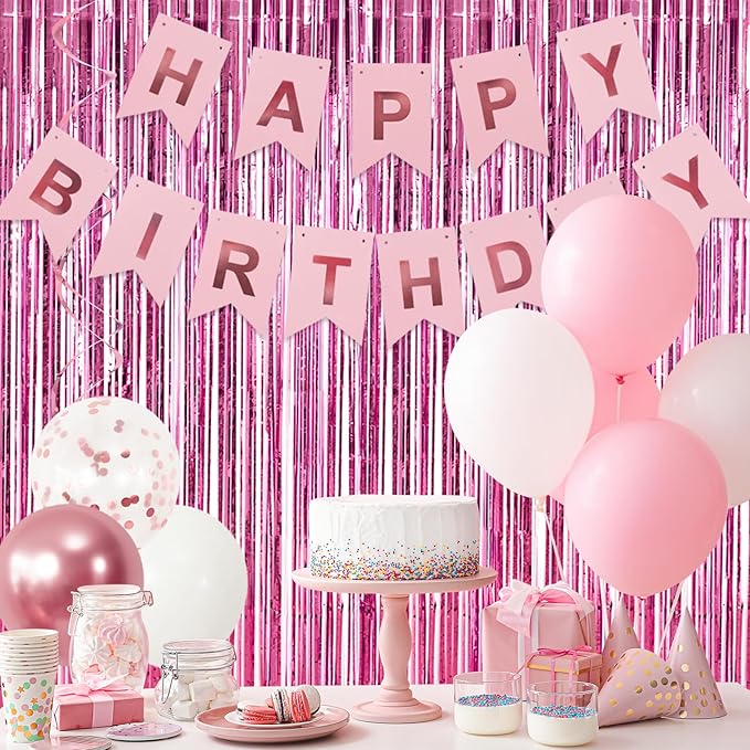 RUBFAC 2 Pack Pink Foil Fringe Curtains Party Decorations Tinsel Metallic Streamers Photo Booth Streamer for New Year Decorations Bachelorette Wedding Engagement Baby Shower Birthday Holiday