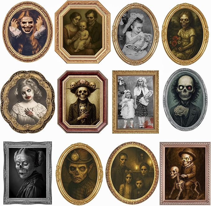 Scary Halloween Party Decoration Indoor Home Wall Decor 3D Changing Face Moving Picture Frame Portrait for Horror Halloween Party Supplies Castle Haunted House Decor(Style D, 12 Pack)