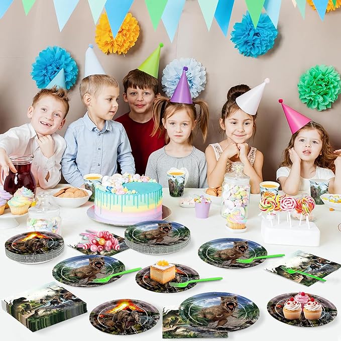 Dinosaur Birthday Party Supplies Dino World Baby Kids Happy Birthday Party Disposable Tableware Set Plates Napkins Cups Green Forks for 24 Guests