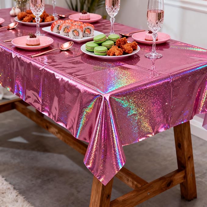 4Pcs Holographic Tablecloths Rectangular Iridescent Tablecloth Shimmer Metallic Table Covers for Girls Princess Wedding Graduation Birthday Party Decorations, 54 x 108Inch (Hot Pink)