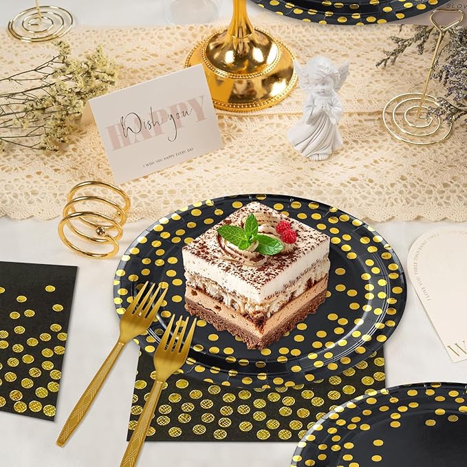 Black and Gold Paper Plates and Napkins Party Supplies,Serves 25 Guests Black Gold Plates and Napkins,Disposable Paper Tableware Set for Birthday Graduation Retirement Decorations