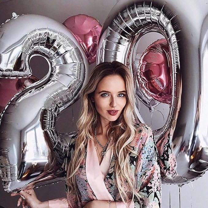 Large Silver 20 Number Balloons, 40 Inch Jumbo Number 20 Balloon, Silver Foil Mylar Balloons for Girl Sweet 20th Birthday Party, Anniversary Decorations