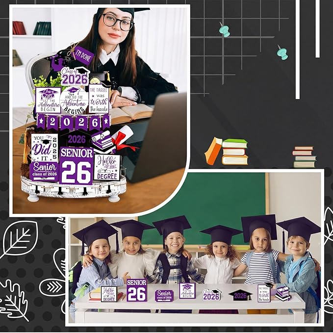 22 Pcs 2026 Graduation Tiered Tray Decor Sets Wooden Graduation Class of 2026 Table Decorations Senior 2026 Gown Diploma Farmhouse Signs for Home Shelf Party Office Desk(Purple)