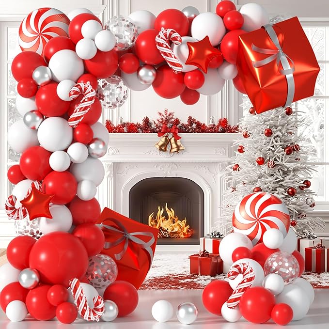 144Pcs Xmas Balloons Arch Kit Christmas Decorations of Candy Cane Red Windmill Stars Gift Box Foil Balloons, Silver Confetti and Red White Balloon Garland Arch for Holiday Xmas Party Decor