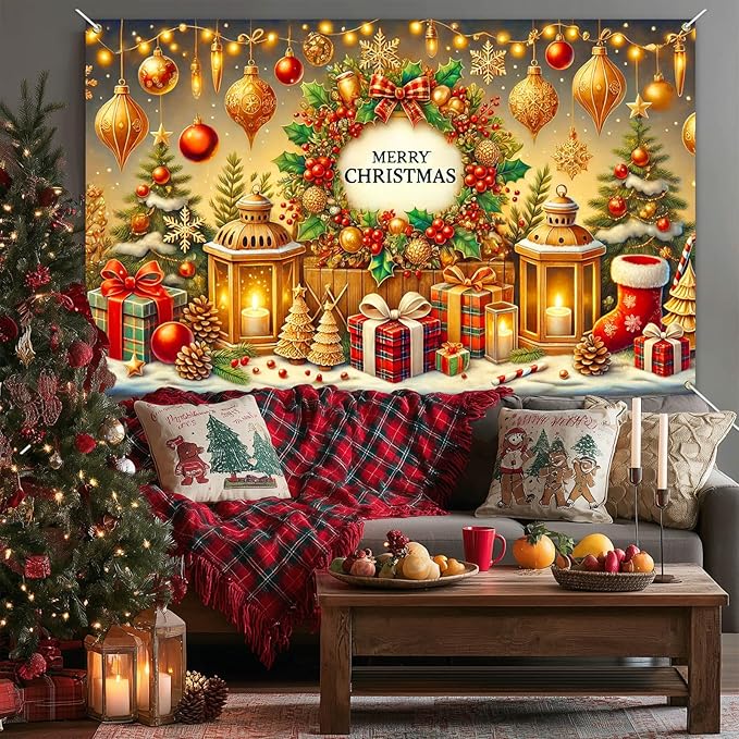 Christmas Banner 71x43 Inch Merry Christmas Backdrop Holiday Wall Decoration Festive Golden Ornaments Xmas Tree Lights Gift Boxes Party Photo Background Winter Celebration Display
