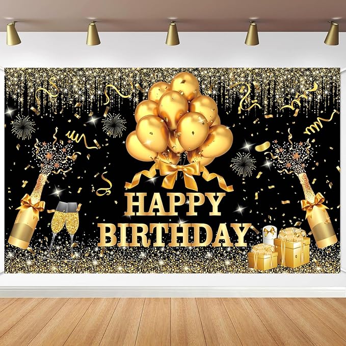 YinQin 180x120 cm Glitter Golden Black Happy Birthday Party Photography Backgrounds Backdrops Cloth 71x47 inch Shiny Black Gold Happy Birthday Sign Banner Bday Party Supplies Decoration for Women Men