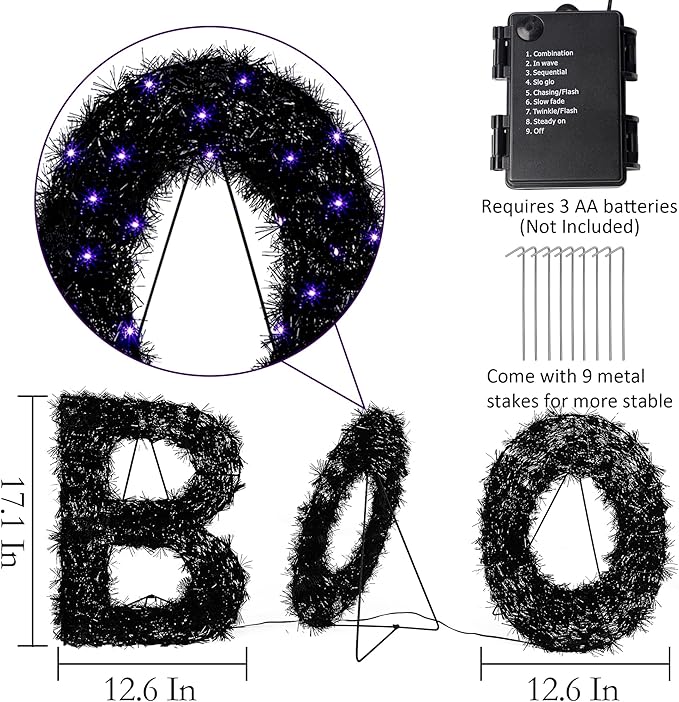 ATDAWN 3 Piece Outdoor Boo Sign Halloween Decoration, Lighted Boo Yard Display Set, Boo Yard Sign for Halloween Indoor Lawn Decor, Black & Purple