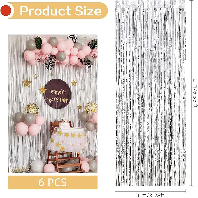 6 Pack Silver Foil Curtain Backdrop 3.2ft x 6.6ft Metallic Tinsel Fringe Backdrop Curtains Streamer Photo Booth Backdrop for Birthday Engagement Bachelorette Christmas Holiday Party Decorations