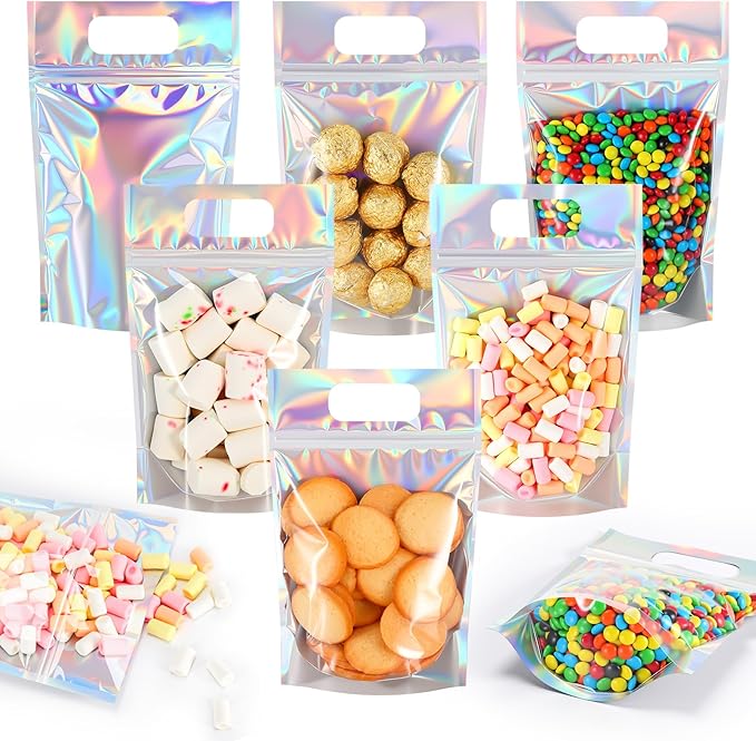 120 Pcs Plastic Gift Bag Bulk 5.5 x 8.7 Inch Resealable Party Goodie Bag with Clear Window Color Favor Pouch with Handle for Home Birthday Wedding Party Candy Gift Wrap Supply (Clear Laser)