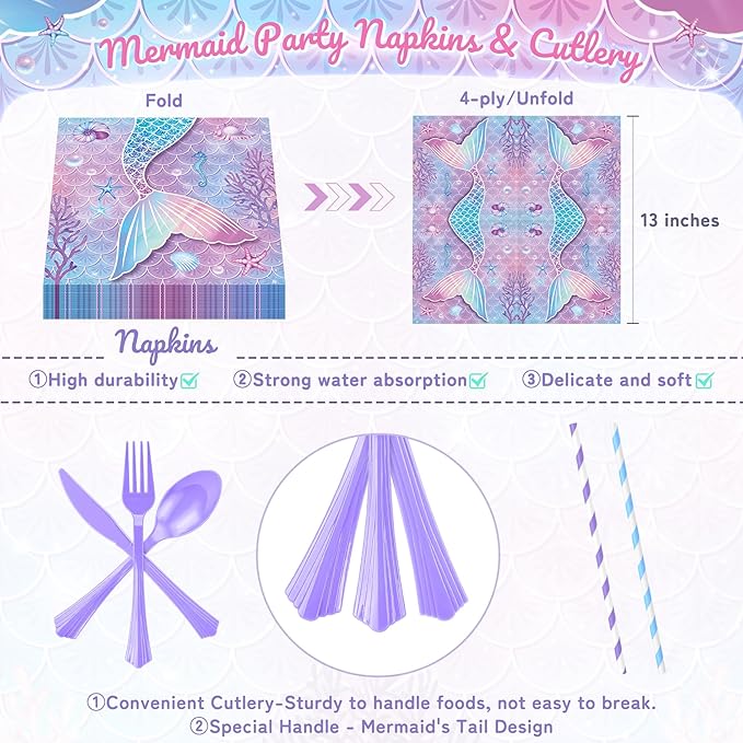 195Pcs Mermaid Birthday Party Decorations with Happy Birthday Banner Tablecloth, Mermaid Themed Party Supplies with Plates Cups Napkins Straws Cutlery, Purple Blue Disposable Tableware for 24 Guests