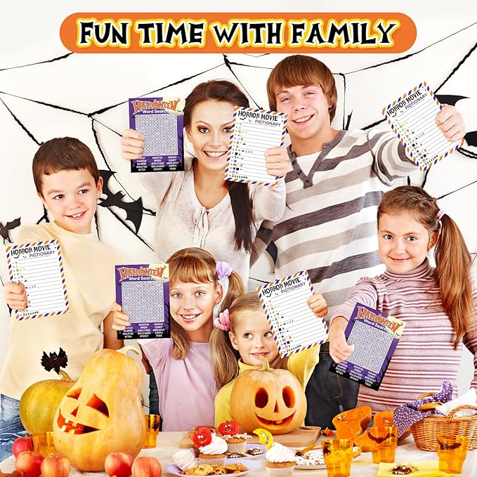 COCHIE 30 Players Halloween Party Games for Adults Family Office Large Groups, Horror Movie Name Pictionary Game, Guesstures Game, Word Search Games with Answer Key (Halloween Purple)