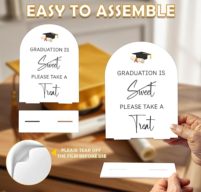 Graduation is Sweet Please Take a Treat Sign, 6 x 8 Inch White Arch Acrylic Grad Party Sign with Holder, Graduation Dessert Table Sign, Grad Decor, High School College Party Supplies - DL06