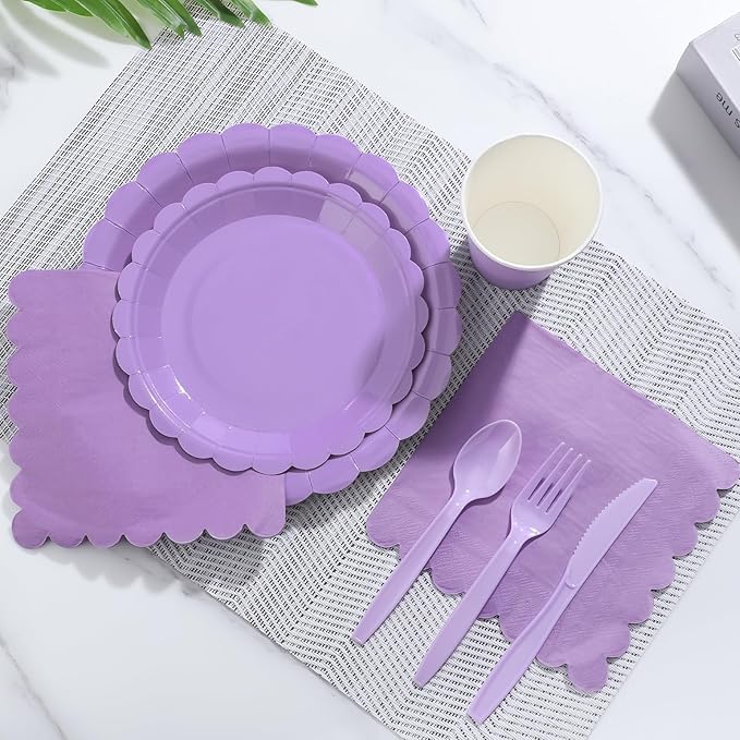 175 Pcs Lavender Paper Plates and Napkins, Light Purple Party Supplies Include Scalloped Easter Plates Napkin Cup Plastic Cutlery for Spring Garden Party, Baby Shower, Wedding