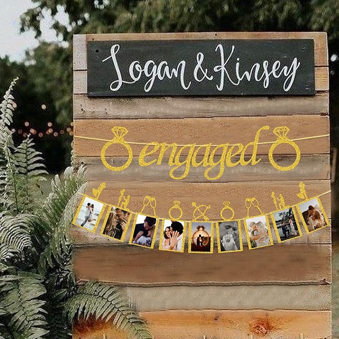 Engagement Wedding Decorations, Gold Engaged Banner and Photo Banner with Romantic Memories Picture Card Frames for Engaged/Wedding/Anniversary/Valentines Day Party