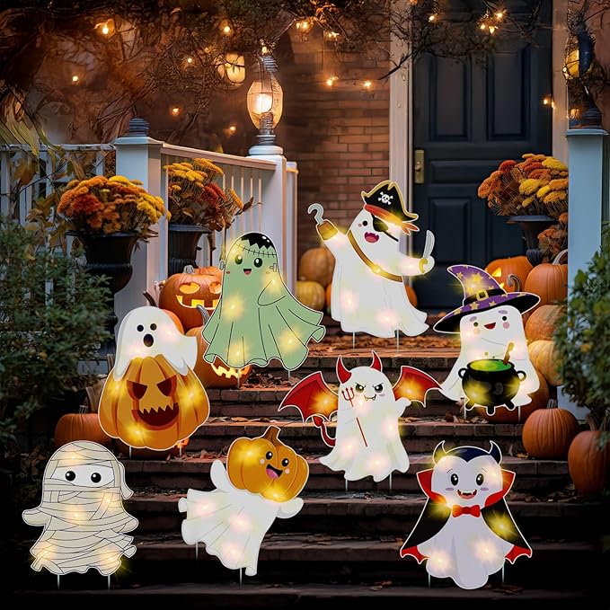 Amyhill 8 Pcs Lighted Cute Ghost Yard Signs Halloween Decorations Outdoor Yard Stakes Spooky Pumpkin Ghost Witch Garden Signs with Stakes for Halloween Happy Boo Party Lawn Patio Outdoor (Classic)