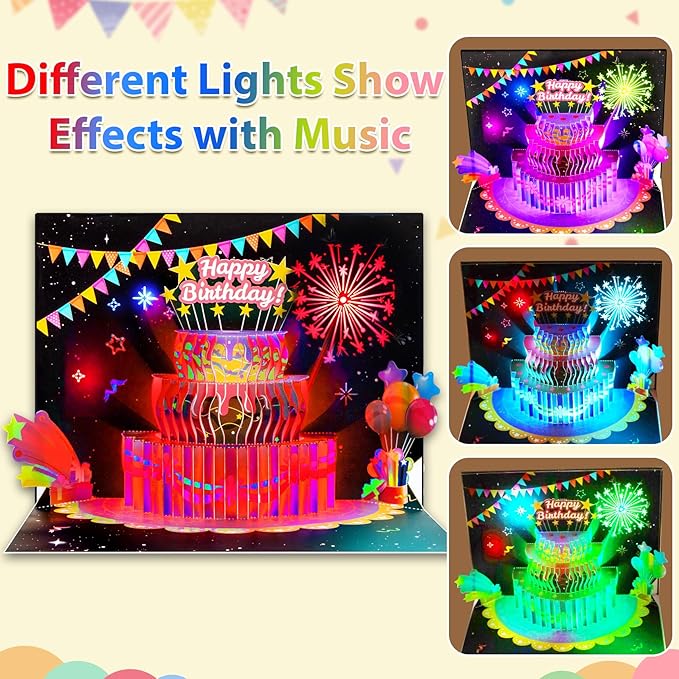 GREETING ART 3D Pop Up Firework Birthday Cards, Musical & LED Lights Birthday Cards with Birthday Cake, Happy Birthday Card Postcards Greeting Cards for Women, Men, Kids