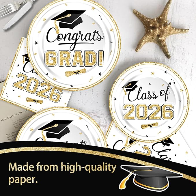 2026 Graduation Party Decorations Set - 200Pcs White Gold Class of 2026 Graduation Plates and Napkins Disposable Tableware for College High School Congrats Graduation Party Supplies, Serves 50