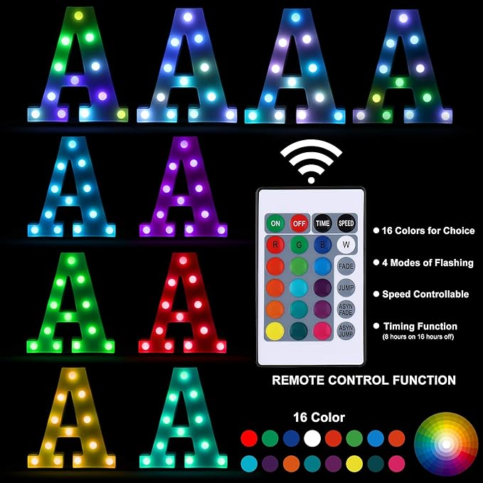 Foaky Colorful LED Letter Lights with Remote,Marquee Light Up Letters Sign for Night Light Wedding/Birthday Party Battery Powered Christmas Lamp Home Bar Decoration(P)