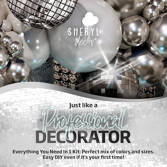 ALL-IN-1 Disco Balloon Arch Kit with BONUS Disco Ball Balloon for Party Decorations - Silver & White Balloons Garland for Disco Ball Party Decoration & Silver Party Decorations -Disco Balloons