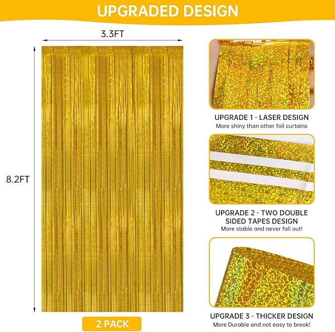 2 Pack 3.3 x 8.2 ft Tinsel Foil Fringe Curtain Backdrop, Upgraded Gold Glitter Metallic Streamers Backdrop Curtains for Birthday Decorations Bachelorette Prom Graduation Party Decorations