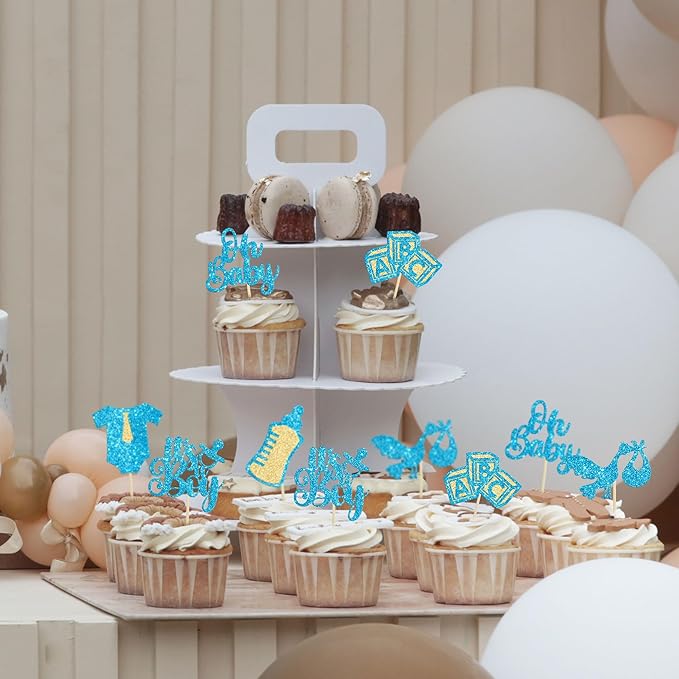 Gyufise 24Pcs Baby Shower Oh Baby Cupcake Toppers It's a Boy Cupcake Picks Glitter Tie Onesie Baby Bottle Cake Picks Decorations for Gender Reveal Baby Shower Boys Birthday Party Supplies Blue