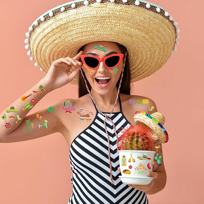 127 Pcs Cinco De Mayo Temporary Tattoos, 12 Sheets Metallic Fiesta Fake Tattoos for Cinco De Mayo Party Favors, Cactus Mexican Themed Tattoo for Mexican Fiesta Party Decorations Supplies Gifts Prize