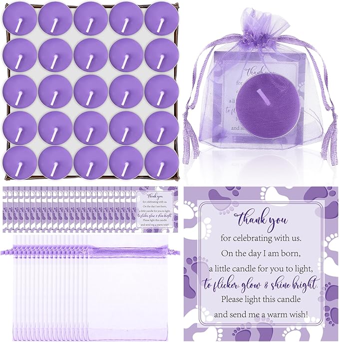50 Sets Baby Shower Party Favors Including 50 Pcs Unscented Tealight Baby Shower Candles Gift Bags Cards for Gender Reveal Party Supplies(Purple)