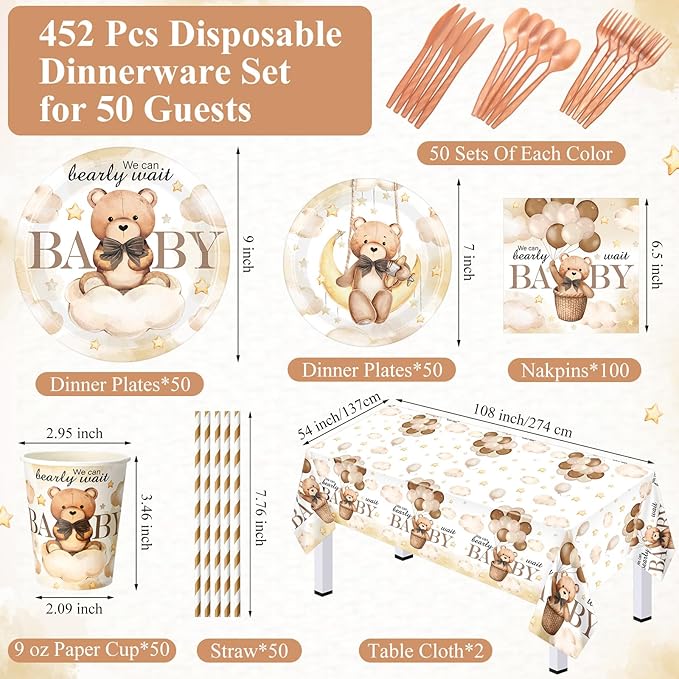 452 Pcs We Can Bearly Wait Baby Shower Decorations, Brown Bear Paper Plates Napkins Cups Tablecloth Cutlery Straws for Brown Baby Shower Gender Reveal Birthday Party Supplies, Serves 50
