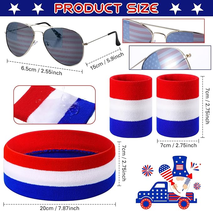 Sweetude America Fanny Pack USA 4th of July Patriotic Beverage Beer Belt Costume Set Outfit Accessories with Drink Holder Sunglasses Striped Sweatband Men