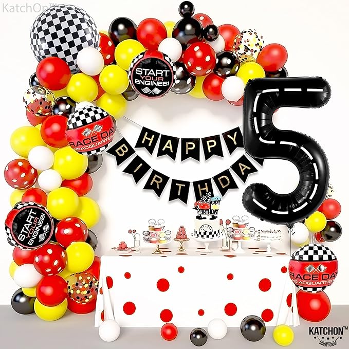 KatchOn, Number 5 Race Car Black Balloon - Giant 40 Inch, Party Supplies, Hotwheel Birthday Decorations, Unisex, All Ages, 3 Pieces
