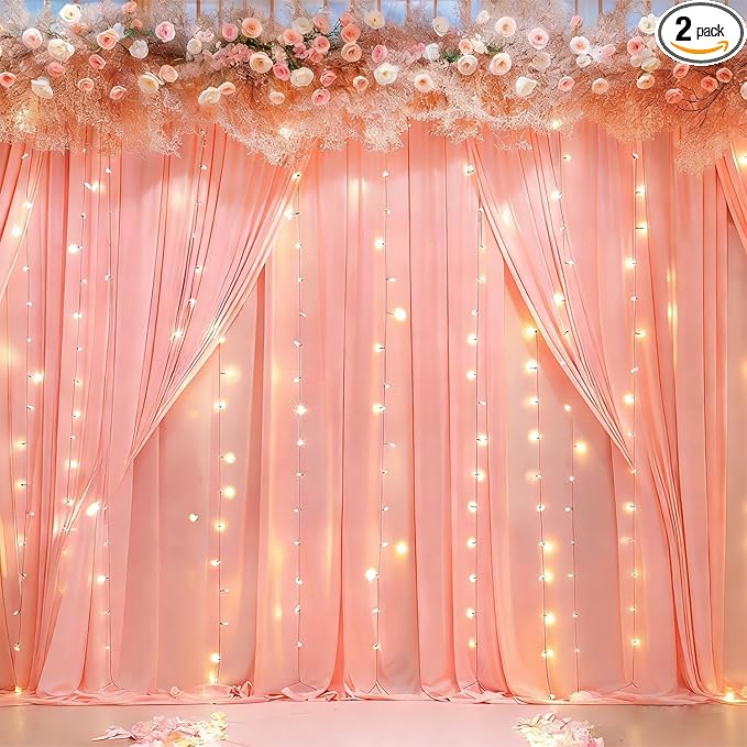 10 x 10ft Dusty Pink Backdrop Curtains with Lights String for Girls Party Photo Backdrop Drapes Wrinkle Free Polyester Curtains Backdrop for Birthday Wedding Reception Baby Shower Ceremony-5 x 10ft 2P
