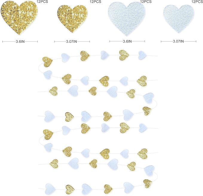 Gold and White Heart Decorations Double Sided Sequin 3D Heart Hanging Wall Art Ornament Garland for Nursery Classroom Bedroom Valentines Day Holiday Christmas Weeding Anniversary Home Wall Decor