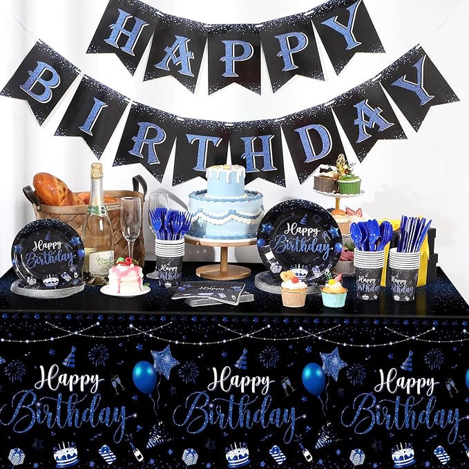 Vesici 171 Pcs Happy Birthday Party Supplies 24 Set Disposable Party Tableware include Plates Cups Napkins Cutlery and Banner Tablecloth Birthday Dinner Decorations for Men Woman(Black, Blue)