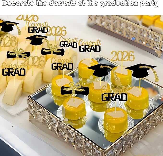 2026 Graduation Cupcake Toppers, 48 PCS Food/Appetizer Picks For Graduation Party Mini Cake Decorations, Diploma, 2026, Grad Cap Set 48 Pieces (01 Gold)