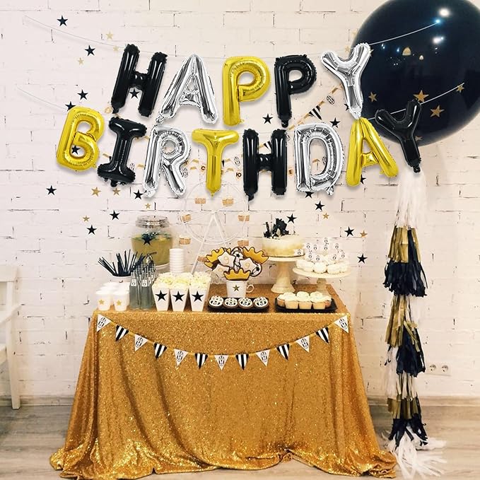 TONIFUL Happy Birthday Balloons Banner 16 Inch Mylar Foil Letters Birthday Sign Reusable for Girls Boys Kids & Adults Birthday Party Decorations Supplies（Black Silver Gold）