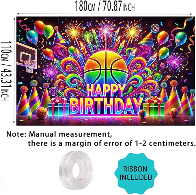 Nuxovilar Happy Birthday Banner Neon Basketball - Sports Party Backdrop, 71x43 Inch Glow Yard Sign for Boys Game Night Decor